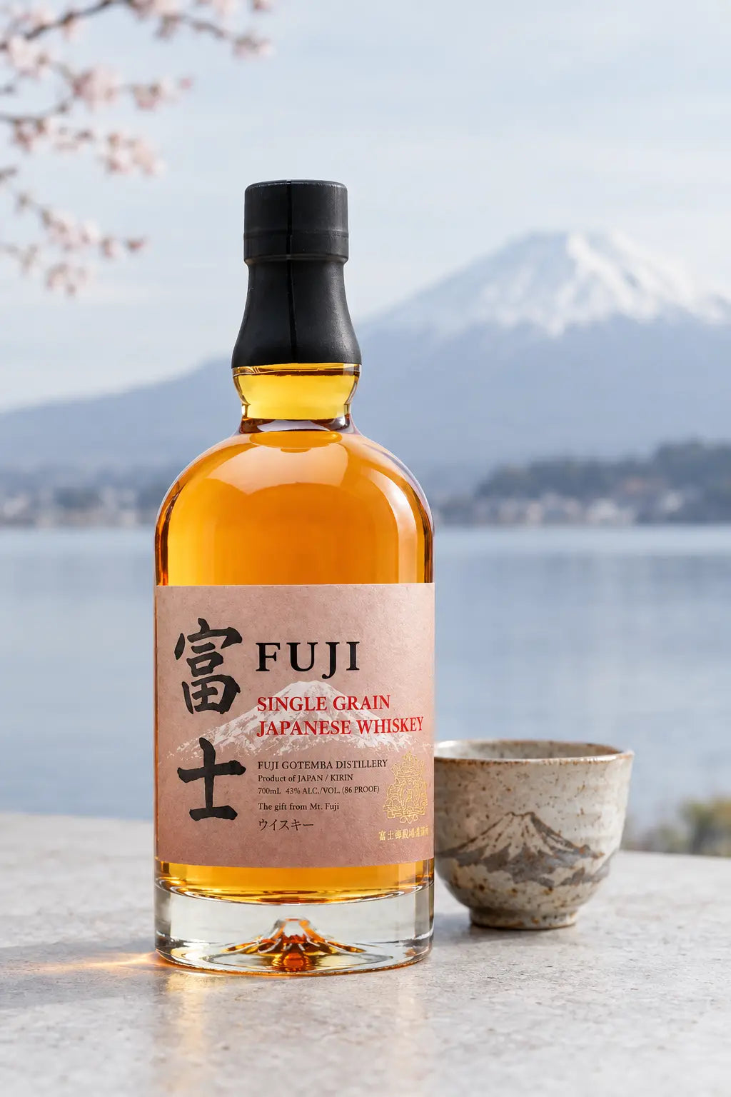 Kirin Fuji Single Grain Japanese Whiskey 700mL and brown gift box.