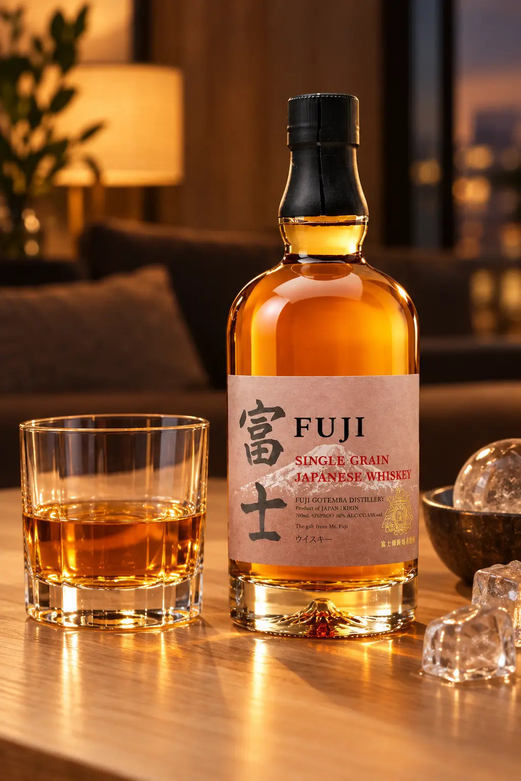 Kirin Fuji Single Grain Japanese Whiskey 700mL and brown gift box.