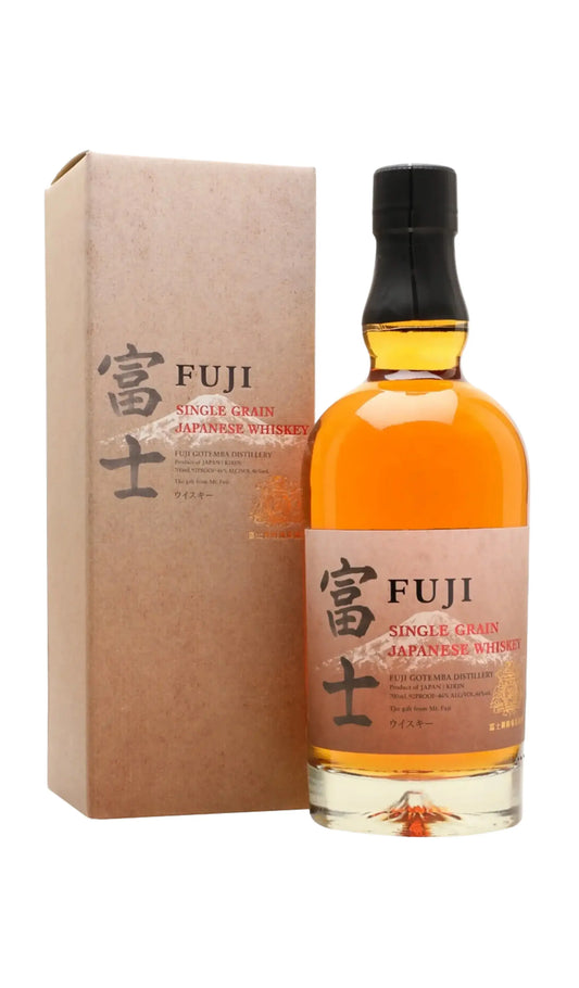 Kirin Fuji Single Grain Japanese Whiskey 700mL and brown gift box.