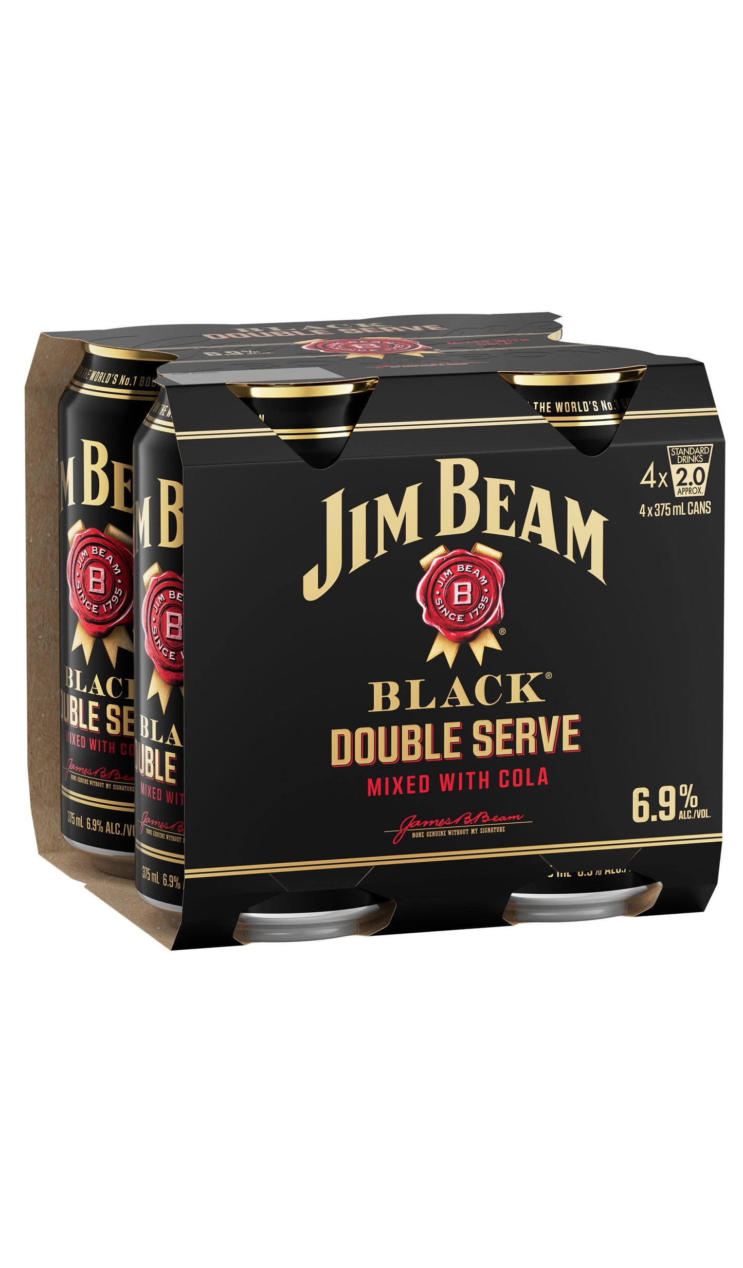 Shop Jim Beam Black & Cola Double Serve Cans 6.9% 4 x 375mL available at Wine Sellers Direct.