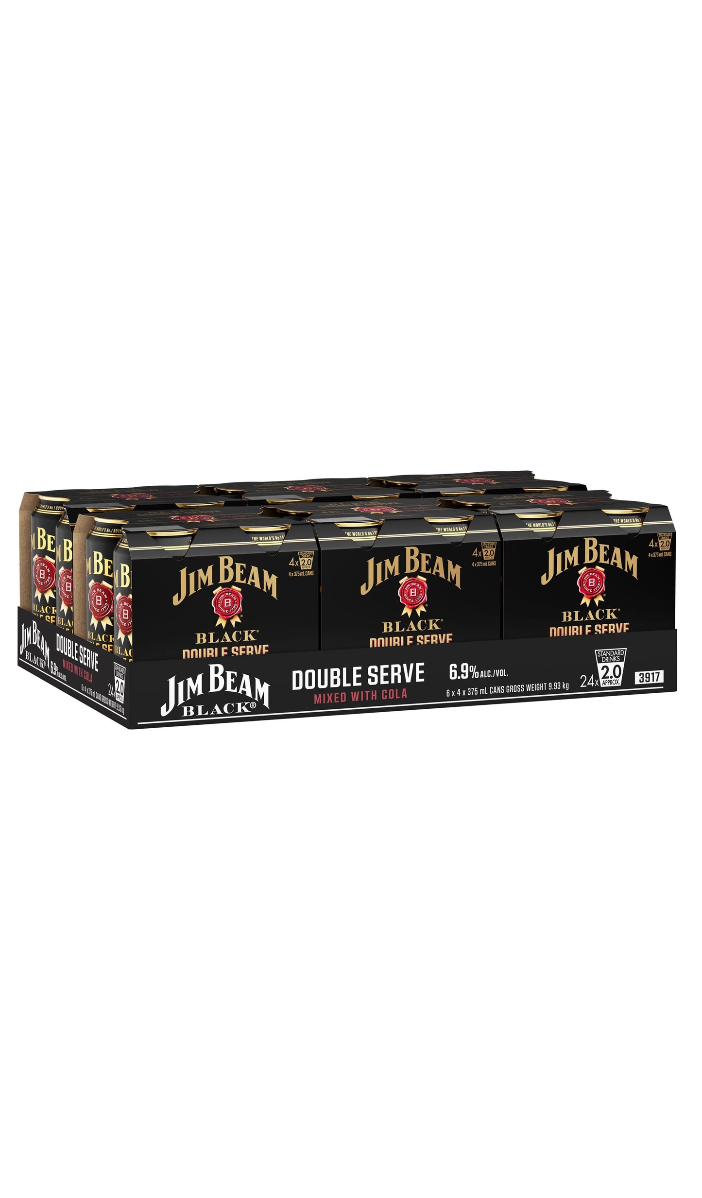 Shop Jim Beam Black & Cola Double Serve Cans 6.9% Slab 24x375mL available at Wine Sellers Direct.