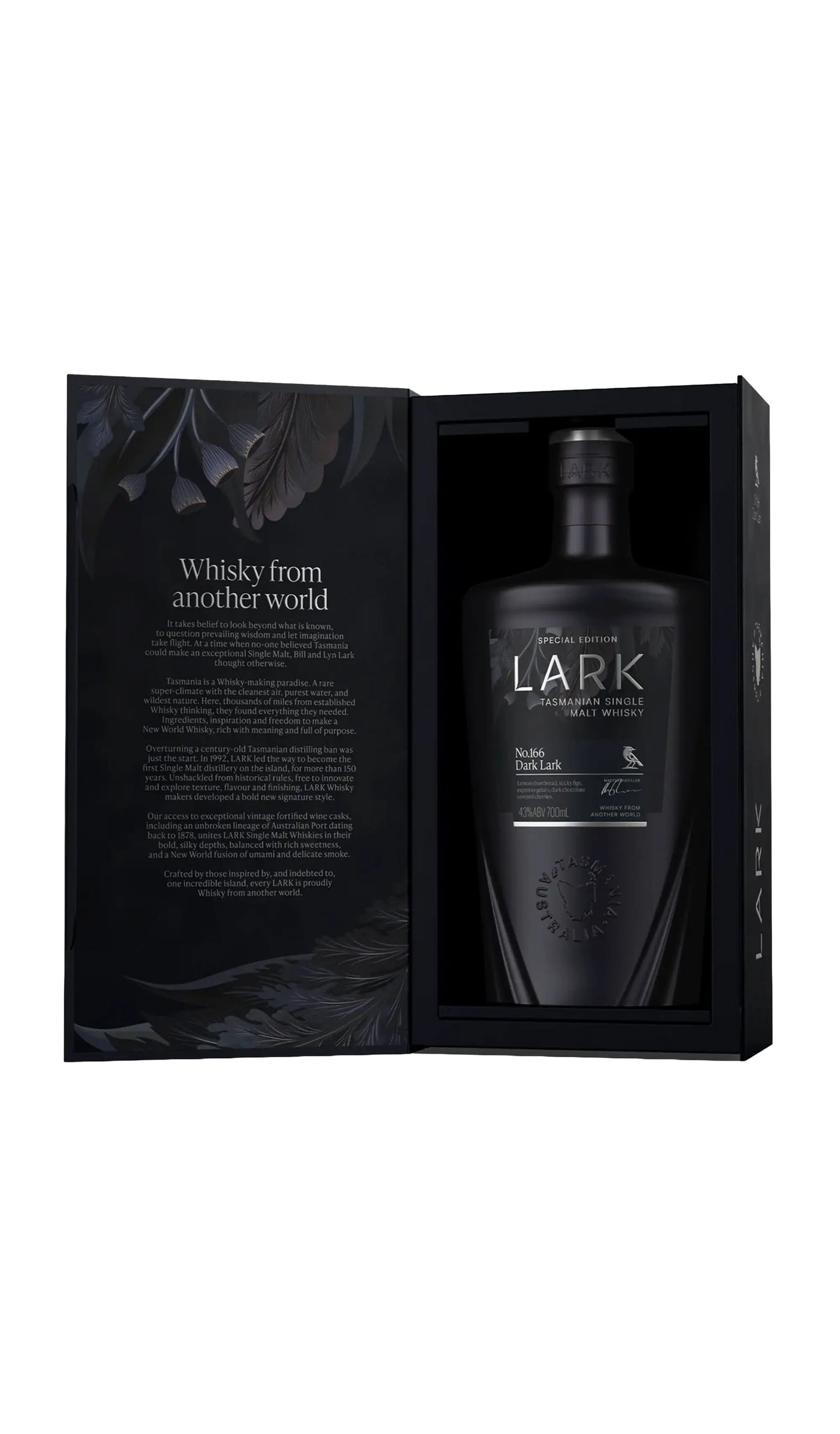Lark Dark Lark No.166 Special Edition Single Malt Whisky bottle and open box reveal