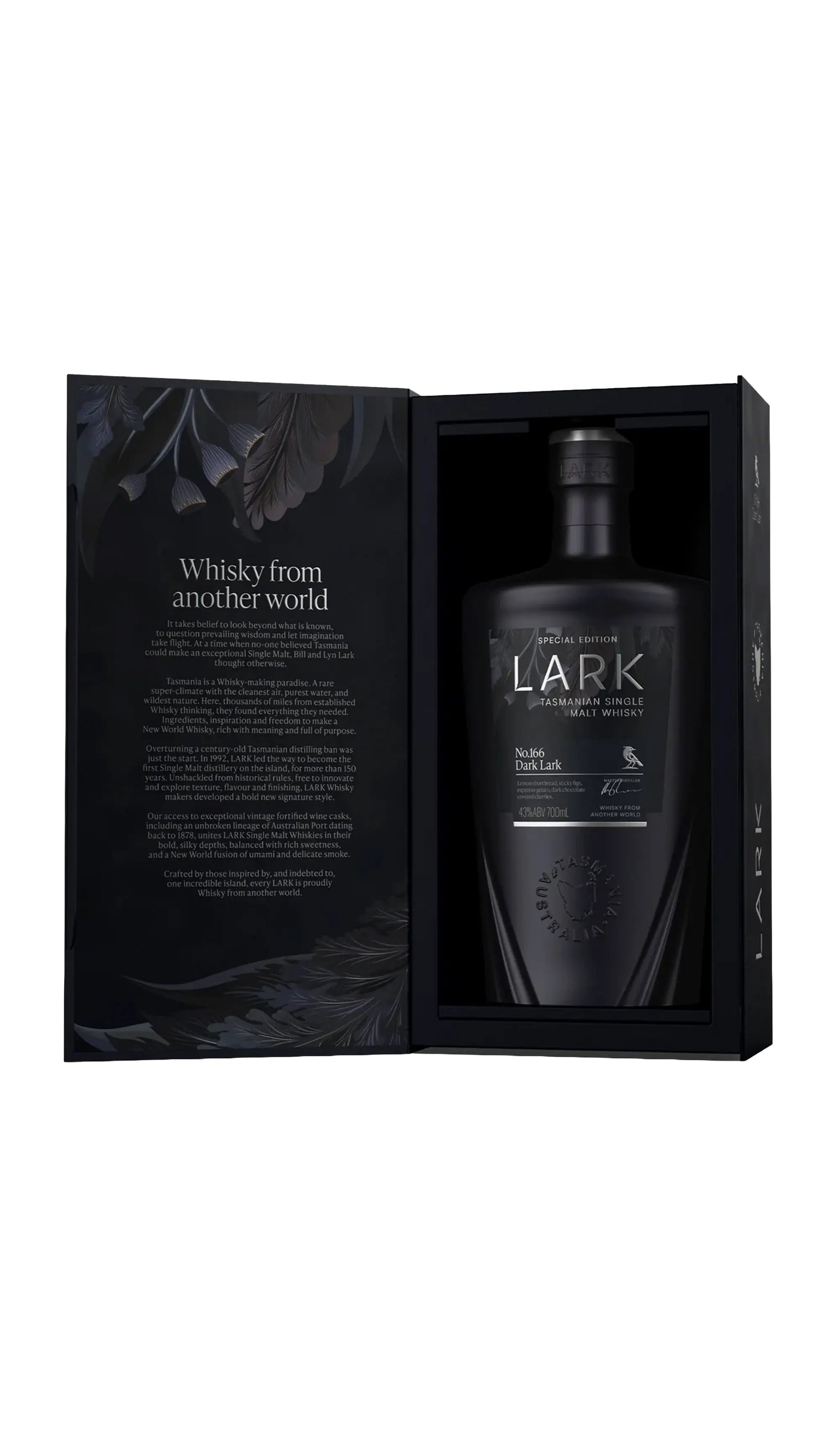 Lark Dark Lark No.166 Special Edition Single Malt Whisky bottle and open box reveal