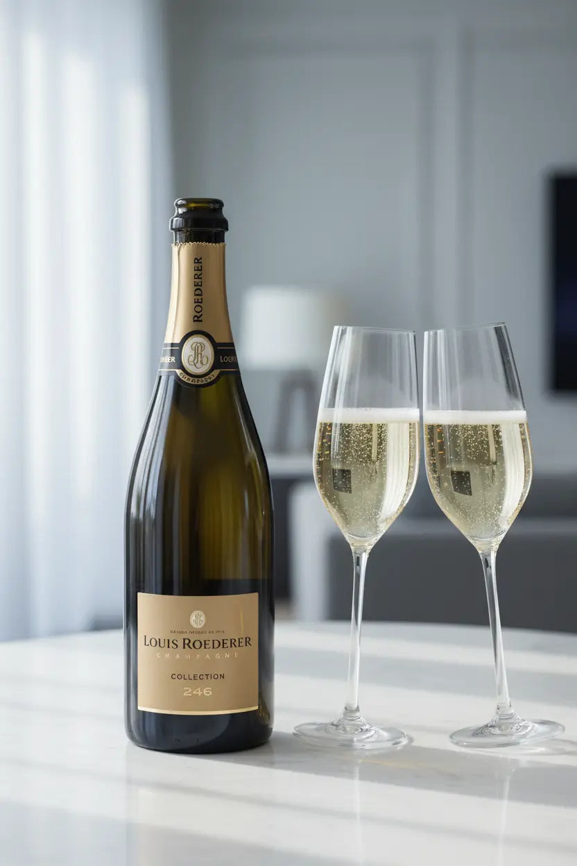 Louis Roederer Collection 246 Brut Champagne NV 750ml bottle and glasses 
