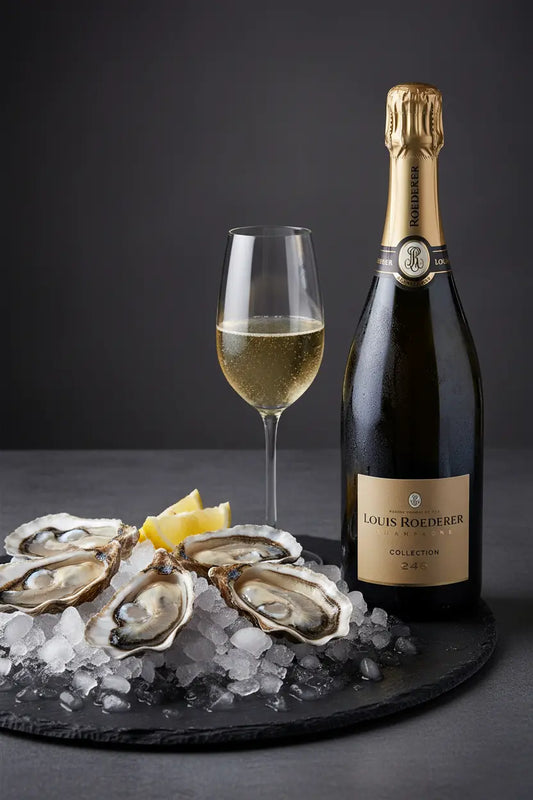 Louis Roederer Collection 246 Brut Champagne NV 750ml and oysters on slate