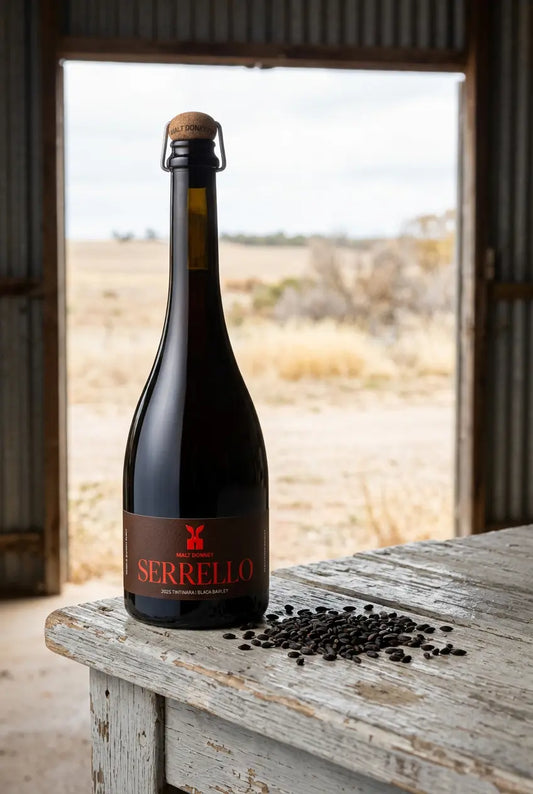 Malt Donkey Serrello Tintinara Fine Ale 2025 750mL bottle – single-origin black barley ale from South Australia.