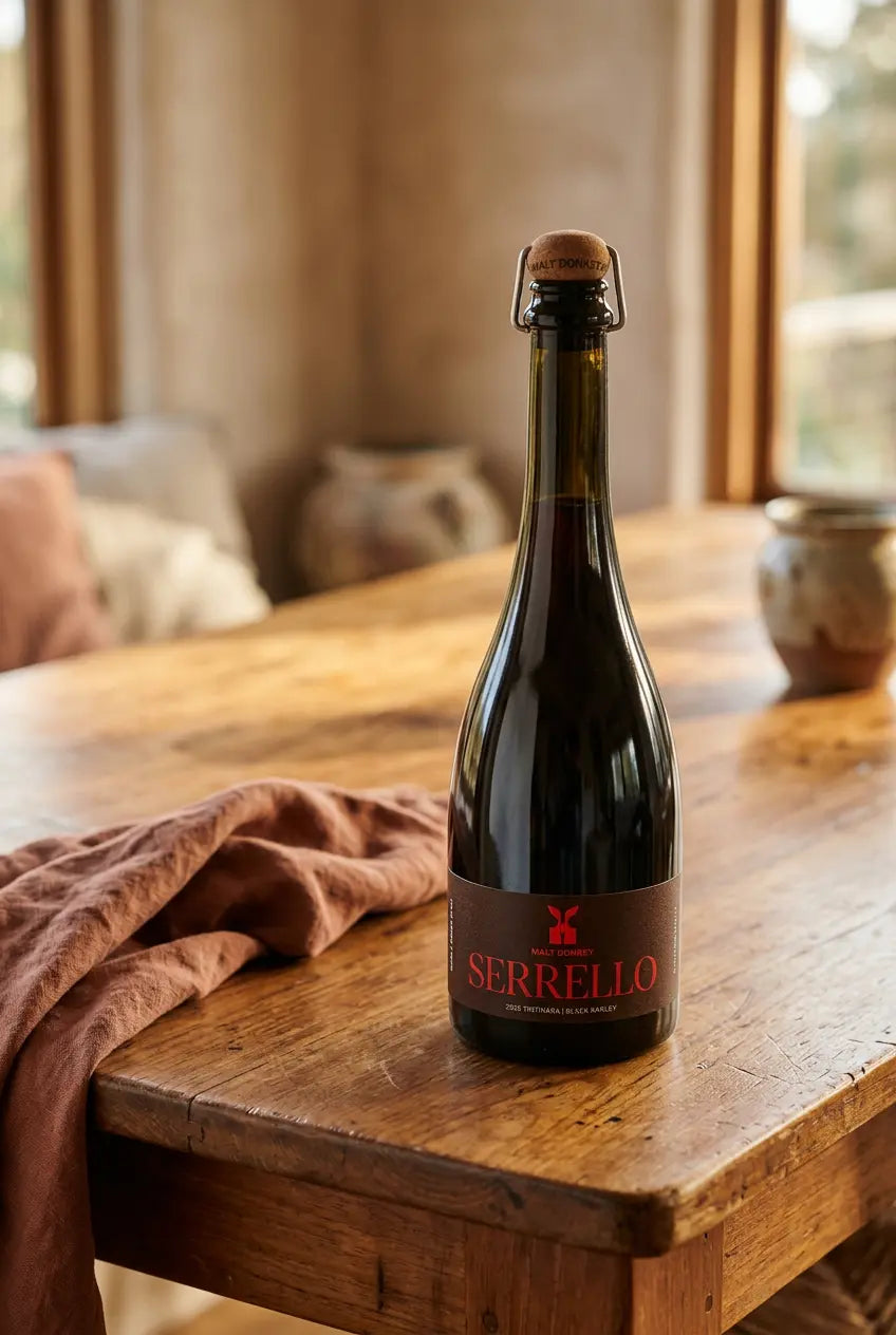 Malt Donkey Serrello Tintinara Fine Ale 2025 750mL bottle – single-origin black barley ale from South Australia.