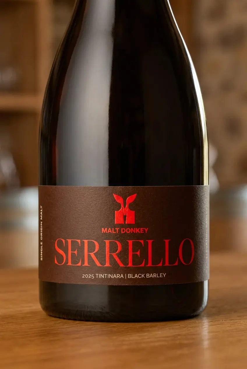 Malt Donkey Serrello Tintinara Fine Ale 2025 750mL bottle – single-origin black barley ale from South Australia.