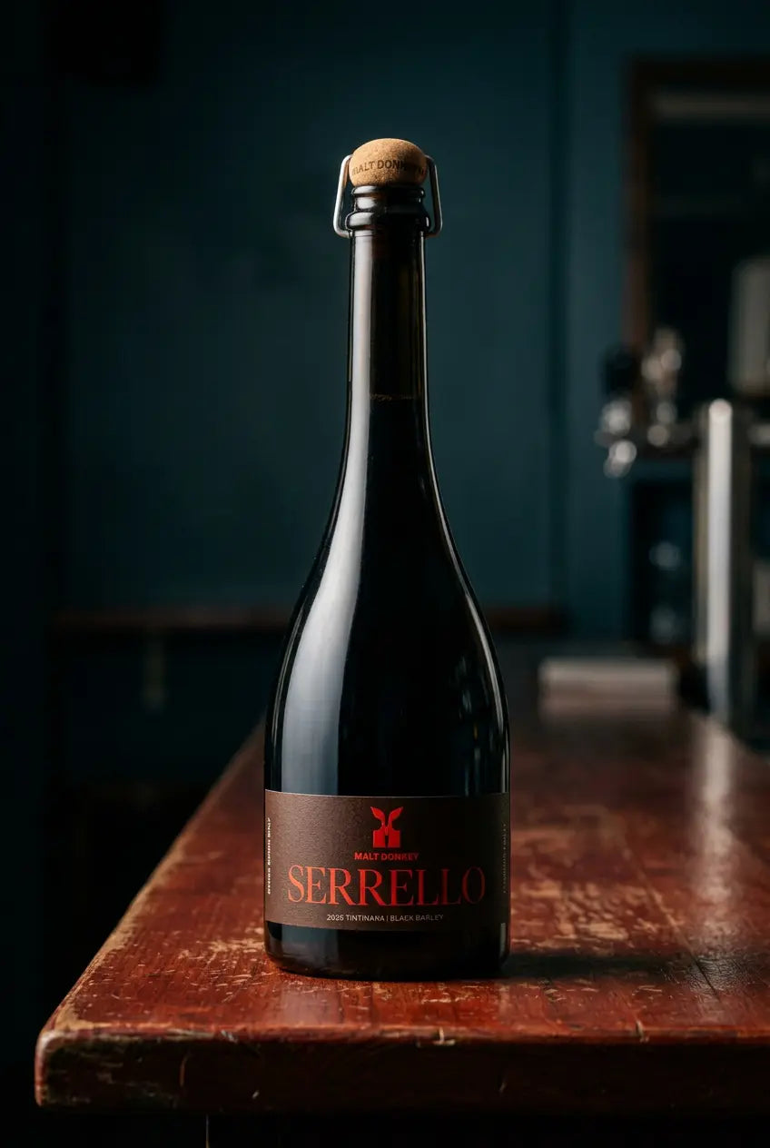 Malt Donkey Serrello Tintinara Fine Ale 2025 750mL bottle – single-origin black barley ale from South Australia.