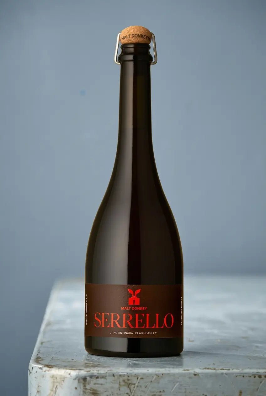 Malt Donkey Serrello Tintinara Fine Ale 2025 750mL bottle – single-origin black barley ale from South Australia.