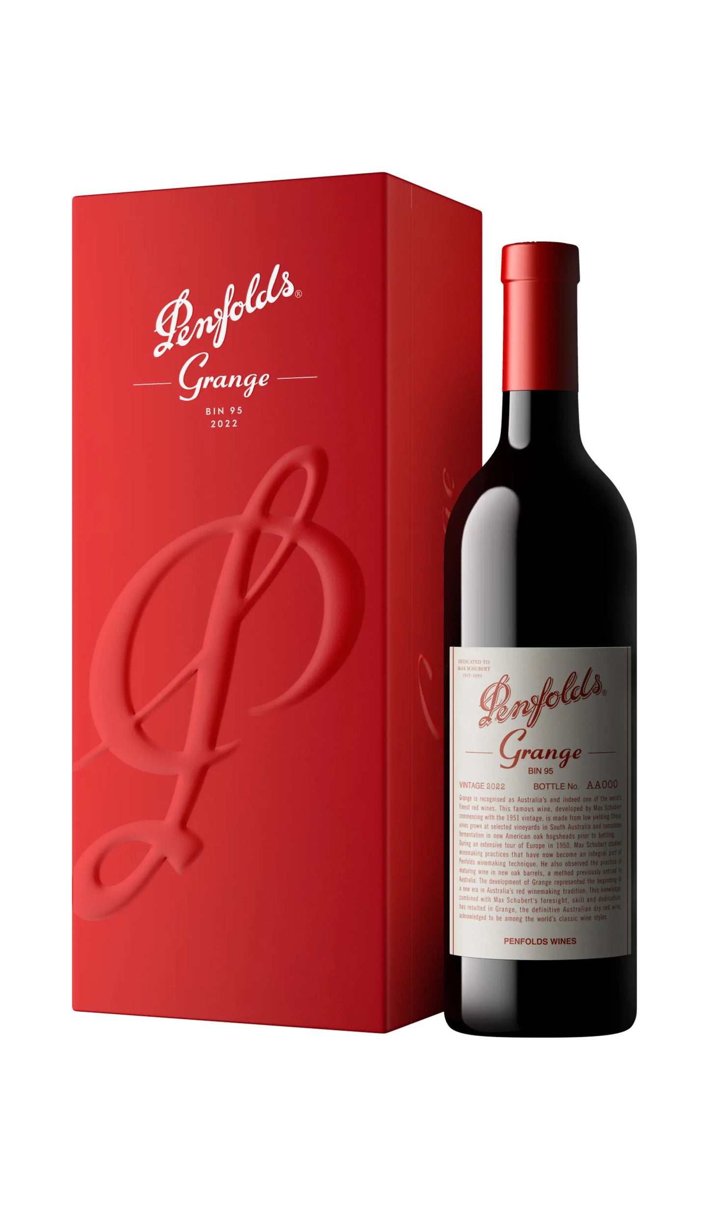 Penfolds Grange 2022 vintage 750ml bottle and red gift box from South Australia.