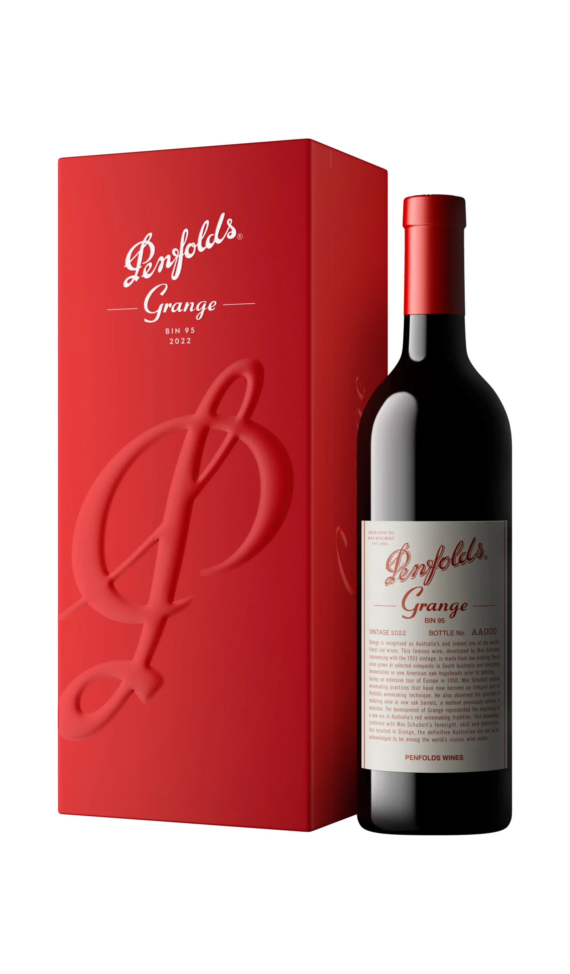 Penfolds Grange 2022 vintage 750ml bottle and red gift box from South Australia.