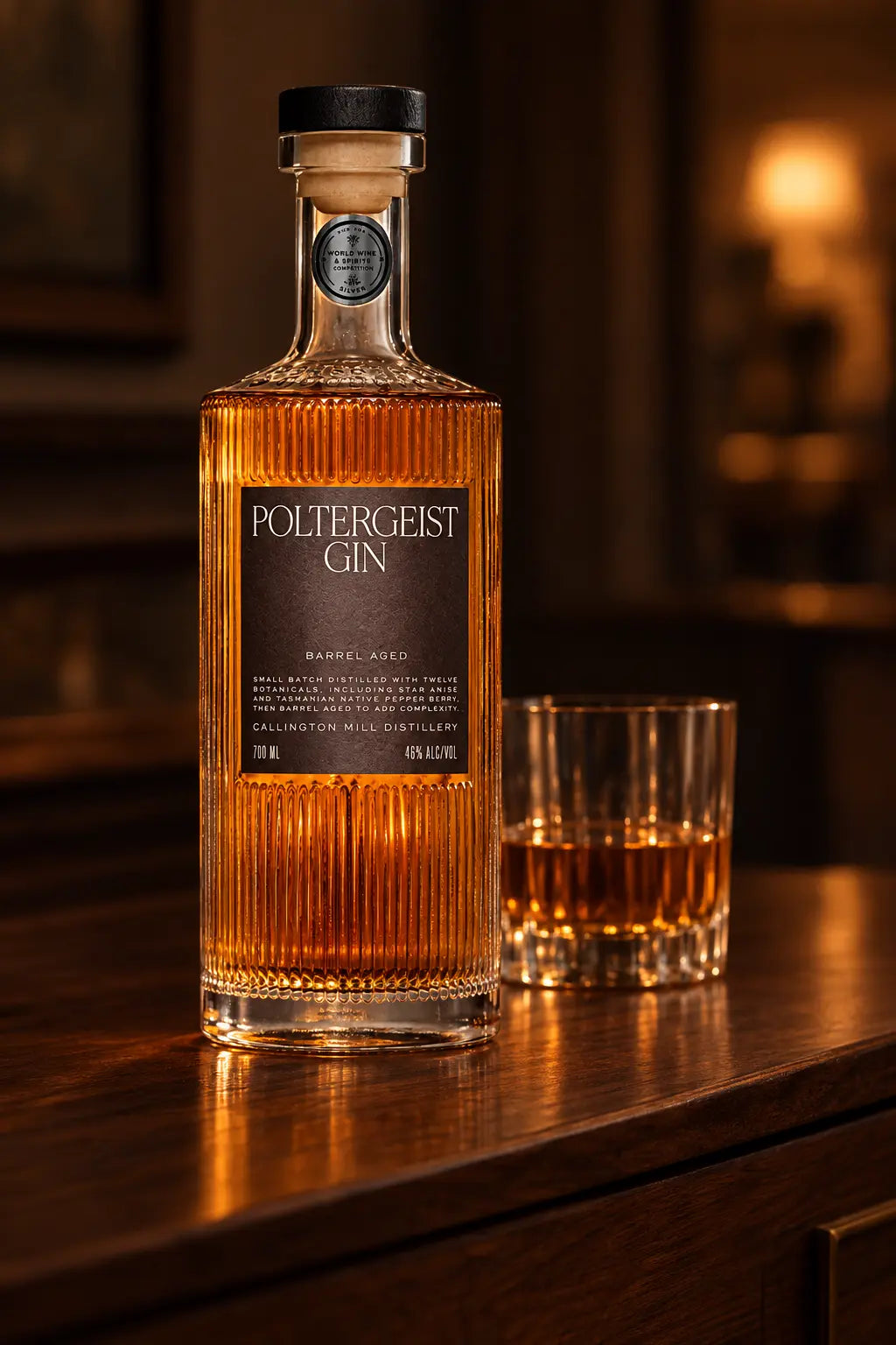 Poltergeist Barrel Aged Gin 700mL bottle of Gin from Callington Mill Distillery, Tasmania