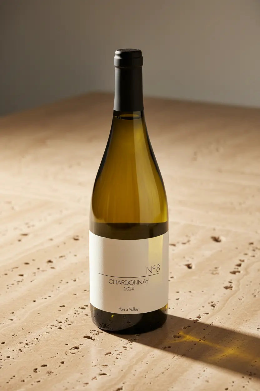Seville Hill No 8 Chardonnay 2024 bottle on aged travertine stone surface, Yarra Valley