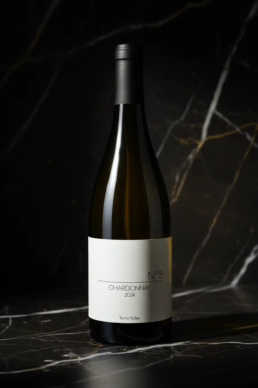 Seville Hill No 8 Chardonnay 2024 bottle on dark marble surface with gold veining, Yarra Valley