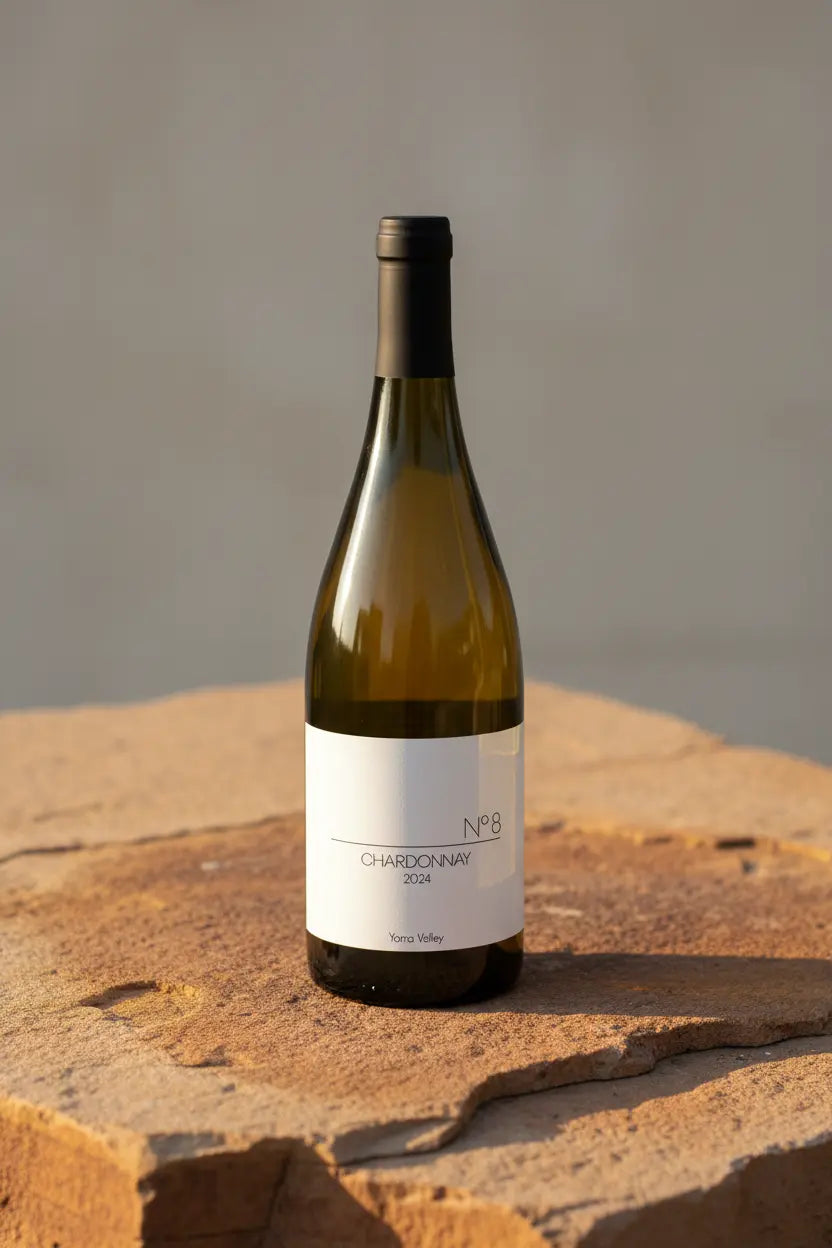 Seville Hill No 8 Chardonnay 2024 bottle on rough sandstone surface, Yarra Valley
