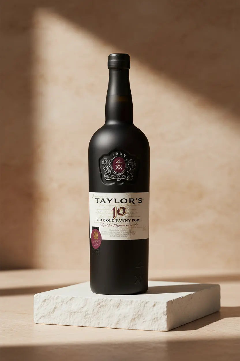 Taylor's 10 Year Old Tawny Port bottle on a beige background