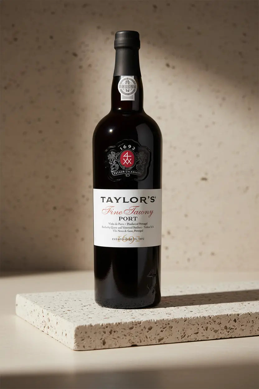 Bottle of Taylor's Port wine on a textured surface with a neutral background