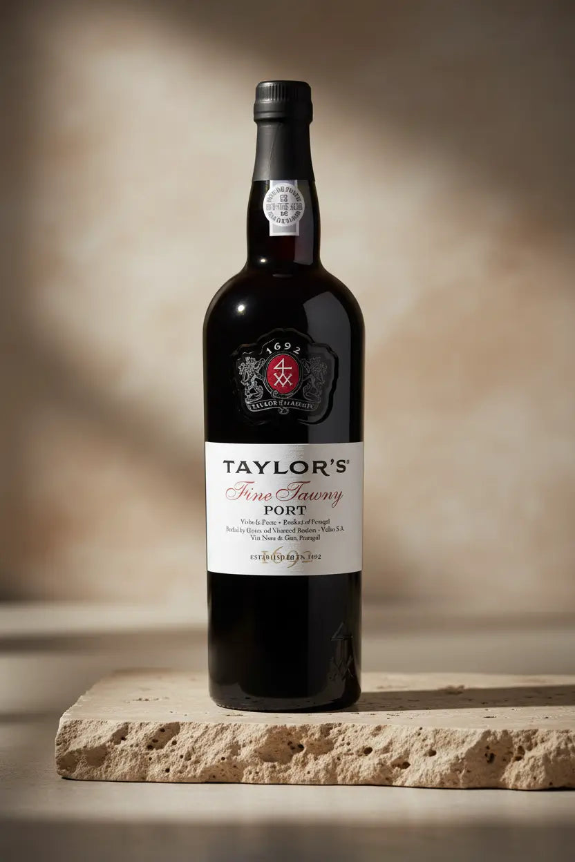 Bottle of Taylor's Port wine on a stone surface with a neutral background