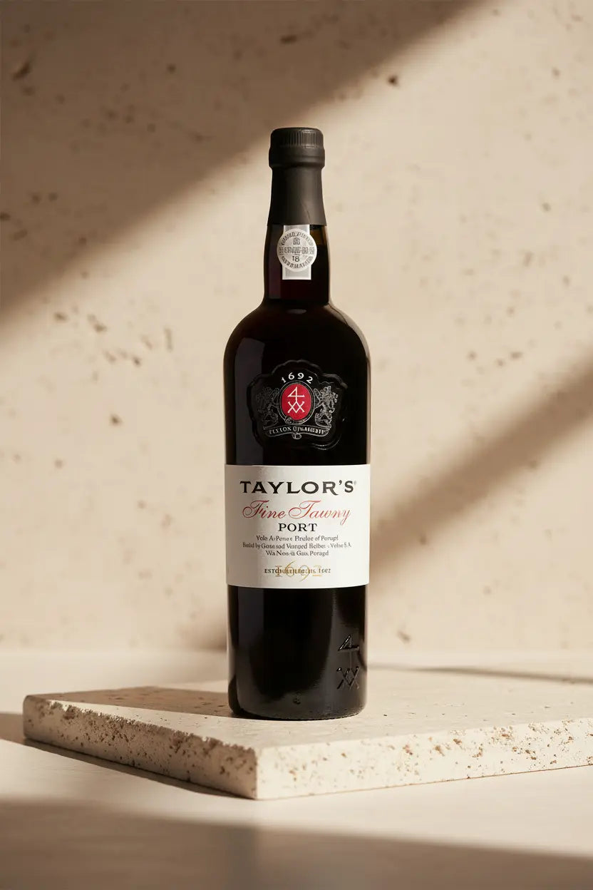 Bottle of Taylor's Port wine on a light stone surface with a neutral background