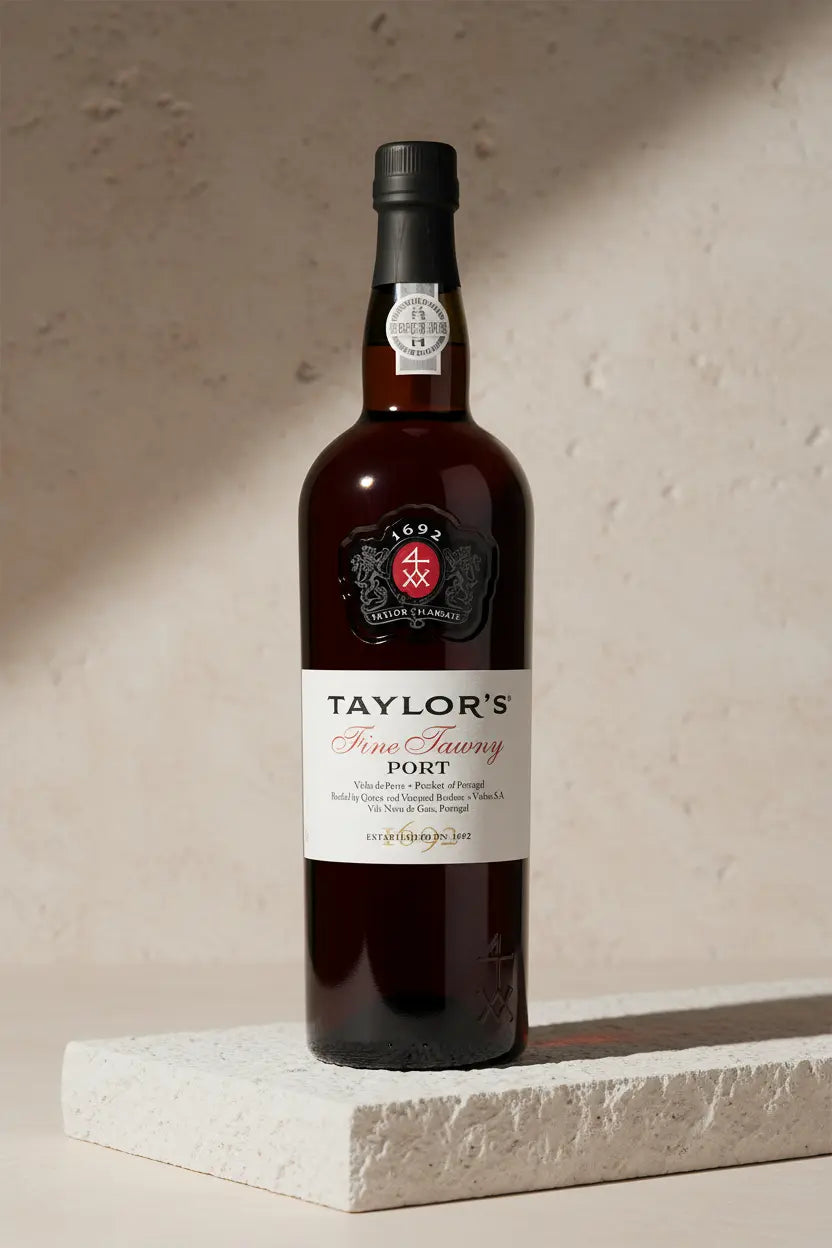Bottle of Taylor's Port wine on a light stone surface with a neutral background