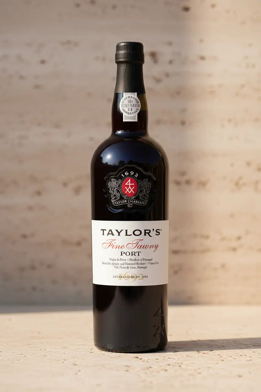 Bottle of Taylor's Port wine on a wooden surface with a blurred background