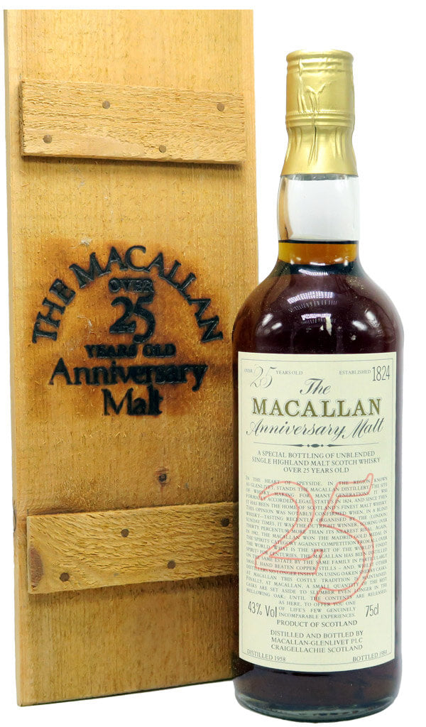 Find out more, explore the range and purchase The Macallan Over 25 Years Old Anniversary Malt (1958 Distilled 1984 Bottled) available online at Wine Sellers Direct - Australia's independent liquor specialists.