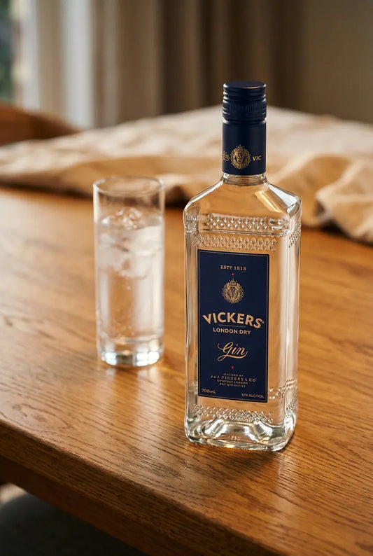 Vickers Original London Dry Gin 700mL bottle with distinctive blue label and matching blue cap.