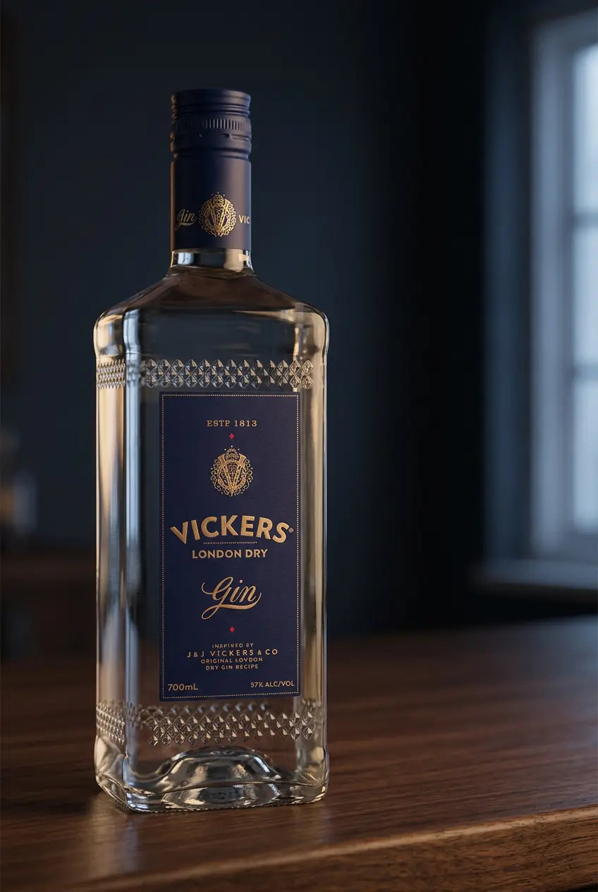Vickers Original London Dry Gin 700mL bottle with distinctive blue label and matching blue cap.