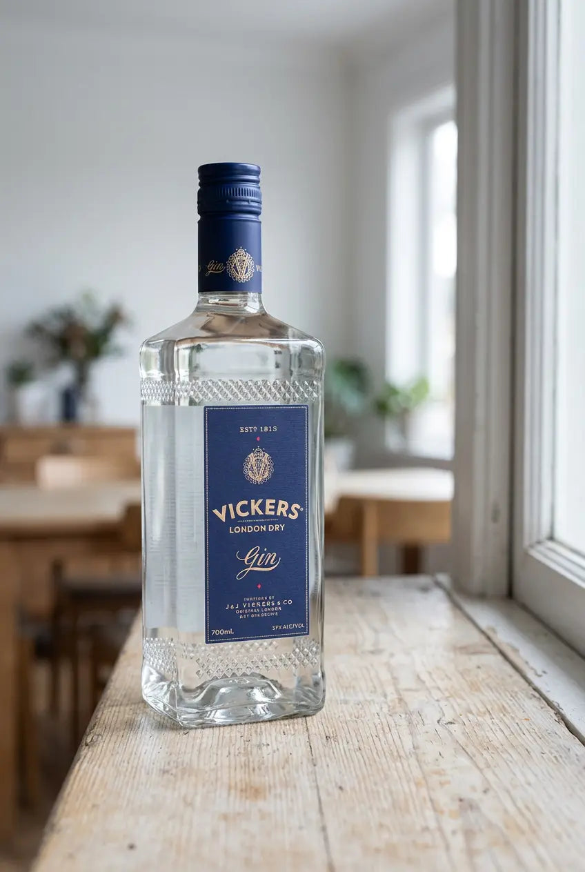 Vickers Original London Dry Gin 700mL bottle with distinctive blue label and matching blue cap.