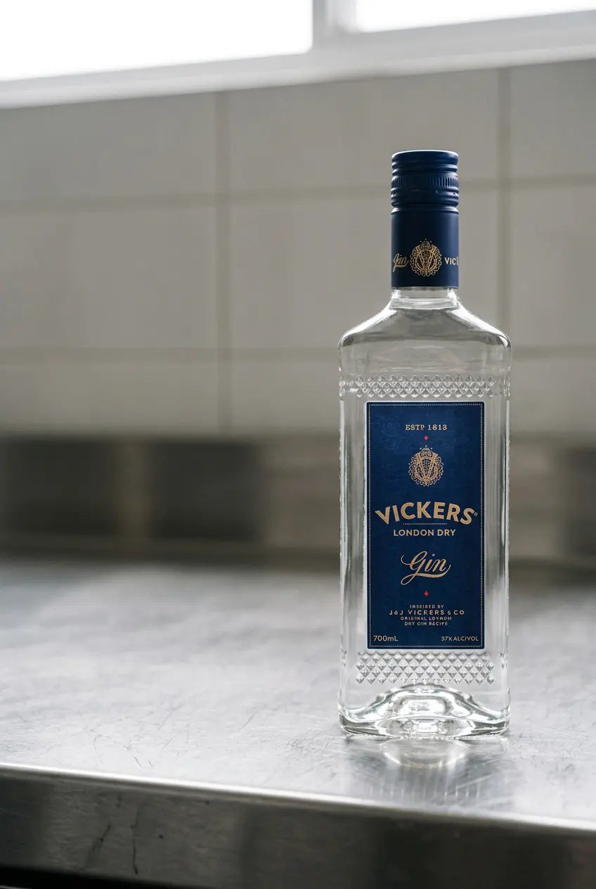 Vickers Original London Dry Gin 700mL bottle with distinctive blue label and matching blue cap.