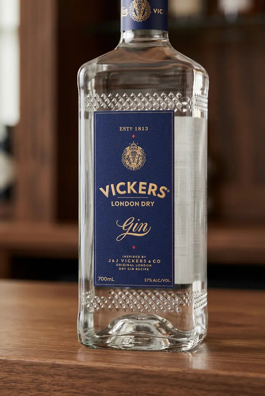 Vickers Original London Dry Gin 700mL bottle with distinctive blue label and matching blue cap.