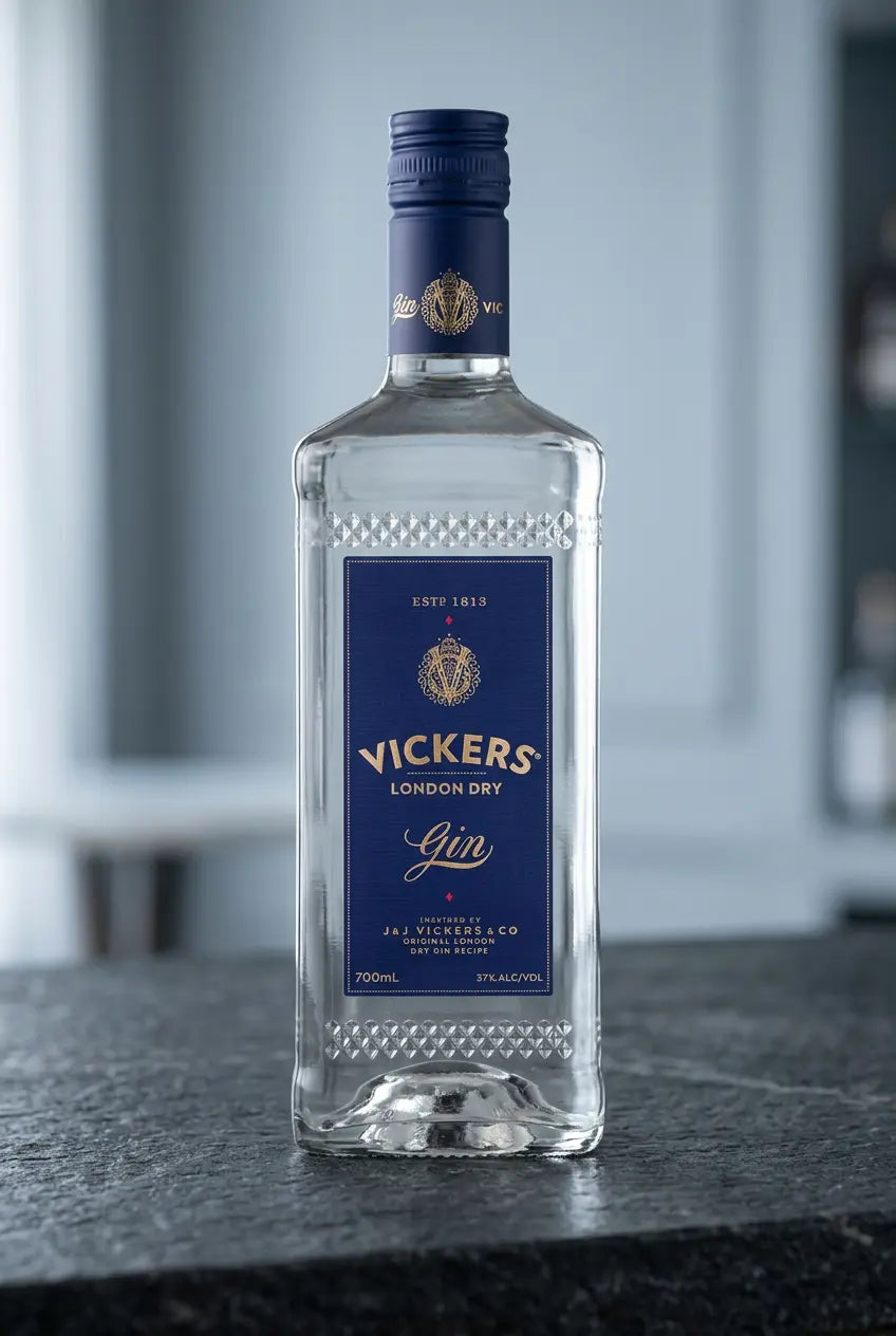 Vickers Original London Dry Gin 700mL bottle with distinctive blue label and matching blue cap.