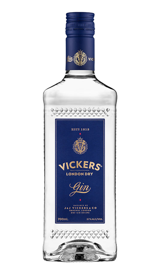 Vickers Original London Dry Gin 700mL bottle with distinctive blue label and matching blue cap.
